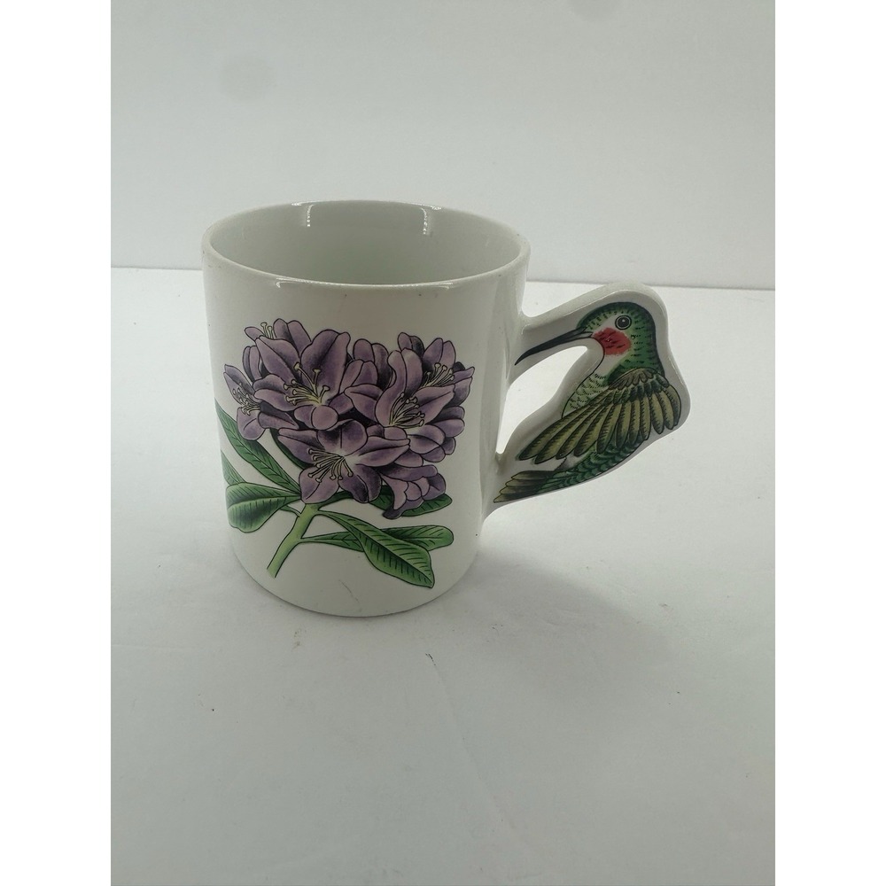 Vtg Hummingbird Bird Handle Mug Purple Iris Floral Ceramic Coffee Cup Japan